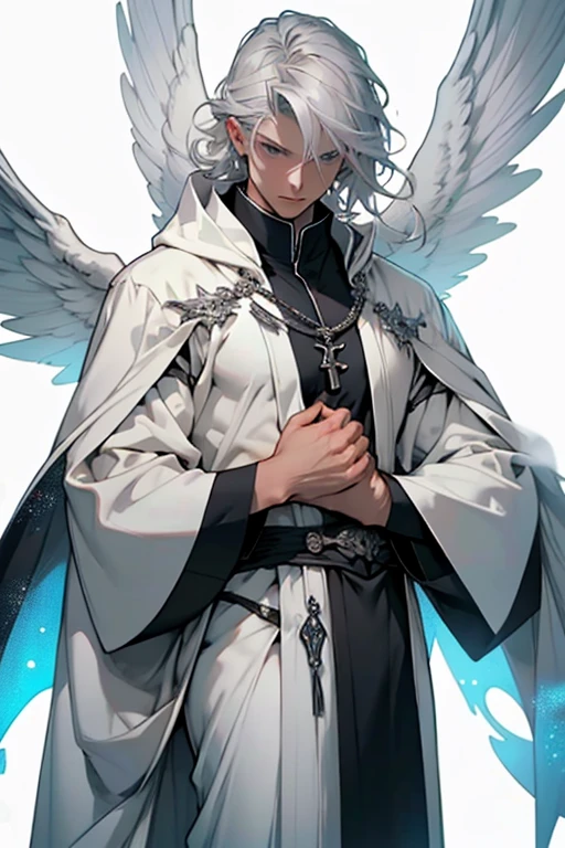 4k, masterpiece, high quality, 8k, high quality details, soft dull lighting, floating particles, white background, white pale skin, silver hair, soft grey eyes, expressionless, long straight silver hair, 1male, androgynously, young feminine prince, soft gray robes, robed figure, wings, winged, siren, winged man, looking at viewer, cowboy shot, flat chest, very flat chest, priest