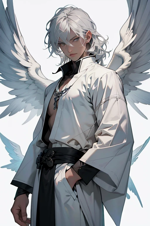 4k, masterpiece, high quality, 8k, high quality details, soft dull lighting, floating particles, white background, white pale skin, silver hair, soft grey eyes, expressionless, long straight silver hair, 1male, androgynously, young feminine prince, soft gray robes, robed figure, wings, winged, siren, winged man, looking at viewer, cowboy shot, flat chest, very flat chest, priest