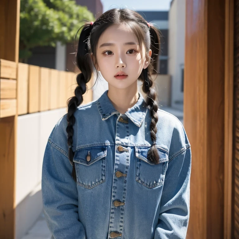 arafed woman with braids in a denim shirt and jeans jacket, by Zhang Han, two pigtails hairstyle, a cute young woman, pigtails hairstyle, young cute wan asian face, by Xia Yong, chinese girl, a beautiful young woman, soft portrait shot 8 k, by Ye Xin, beautiful young girl, young adorable korean face, girl cute-fine-face, , solo，arafed woman with long black hair wearing a denim shirt, korean women's fashion model, photo of slim girl model, cropped shirt with jacket, modern casual clothing, wearing a cropped tops, casual modern clothing, trendy clothes, dilraba dilmurat, wearing a sexy cropped top, wearing tight simple clothes, 17 year old female model, open v chest clothes（（（1girl）））