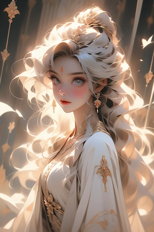 4K, obra de arte, alta qualidade, 8k, alta qualidade details, soft, opaque lighting, Floating particles, fundo branco, white and pale skin, Cabelo prateado, olhos cinzentos suaves, inexpressivo, long straight Cabelo prateado, 1 homem, androgynous, Young Female Prince, vestes cinza macias, figura vestida, Asas, alado, sirene, alado man, olhando para o espectador, tiro de vaqueiro, peito achatado, very peito achatado, Padre