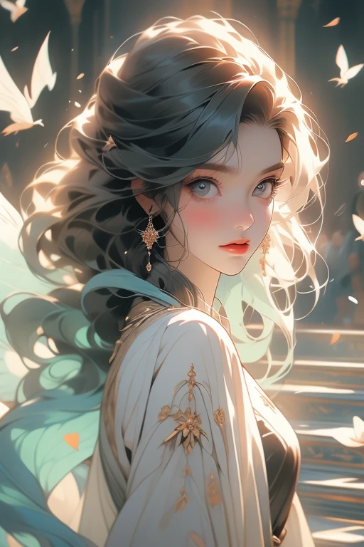 4K, obra de arte, alta qualidade, 8k, alta qualidade details, soft, opaque lighting, Floating particles, fundo branco, white and pale skin, Cabelo prateado, olhos cinzentos suaves, inexpressivo, long straight Cabelo prateado, 1 homem, androgynous, Young Female Prince, vestes cinza macias, figura vestida, Asas, alado, sirene, alado man, olhando para o espectador, tiro de vaqueiro, peito achatado, very peito achatado, Padre