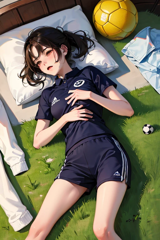 3D illustration、Wearing a soccer uniform with an embroidered logo、****************** girl with small breasts、Sweaty and looking happy、Her nipples are visible and protruding、Lying on the bed、Low - Angle、The uniform has an embroidered logo、indoor、