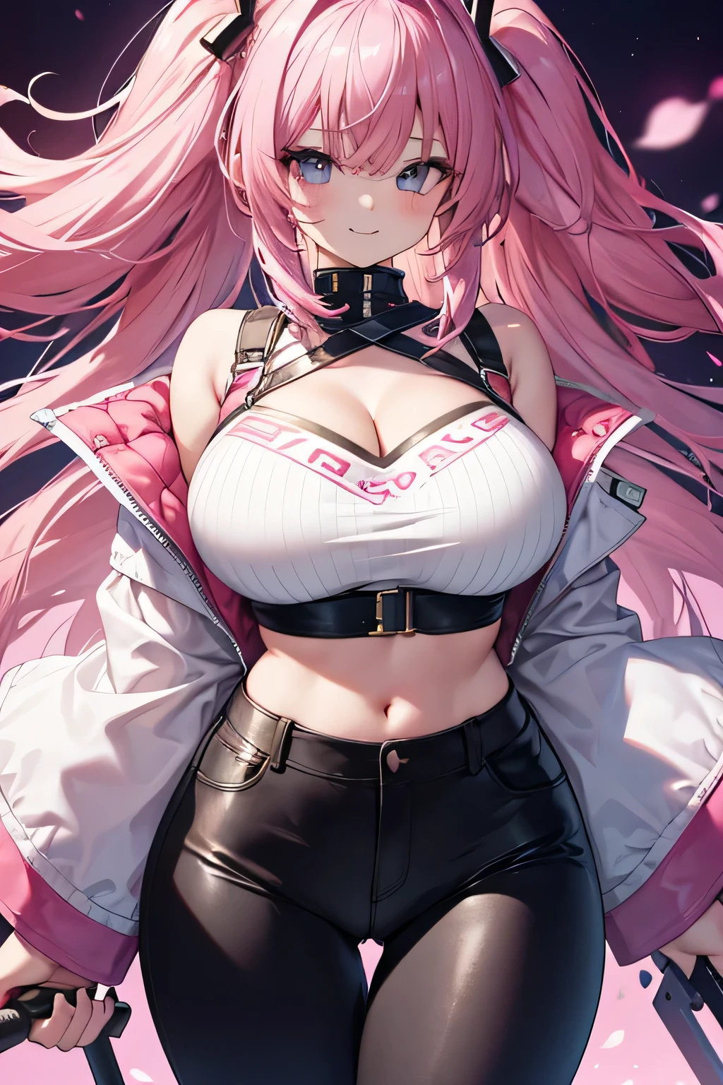 highest quality、human、、Big Breasts、Cleavage、Pink Hair、Long twin tailischievous、Crop top、Tight pants、I'm grinning、Confused eyes、Close-up shot