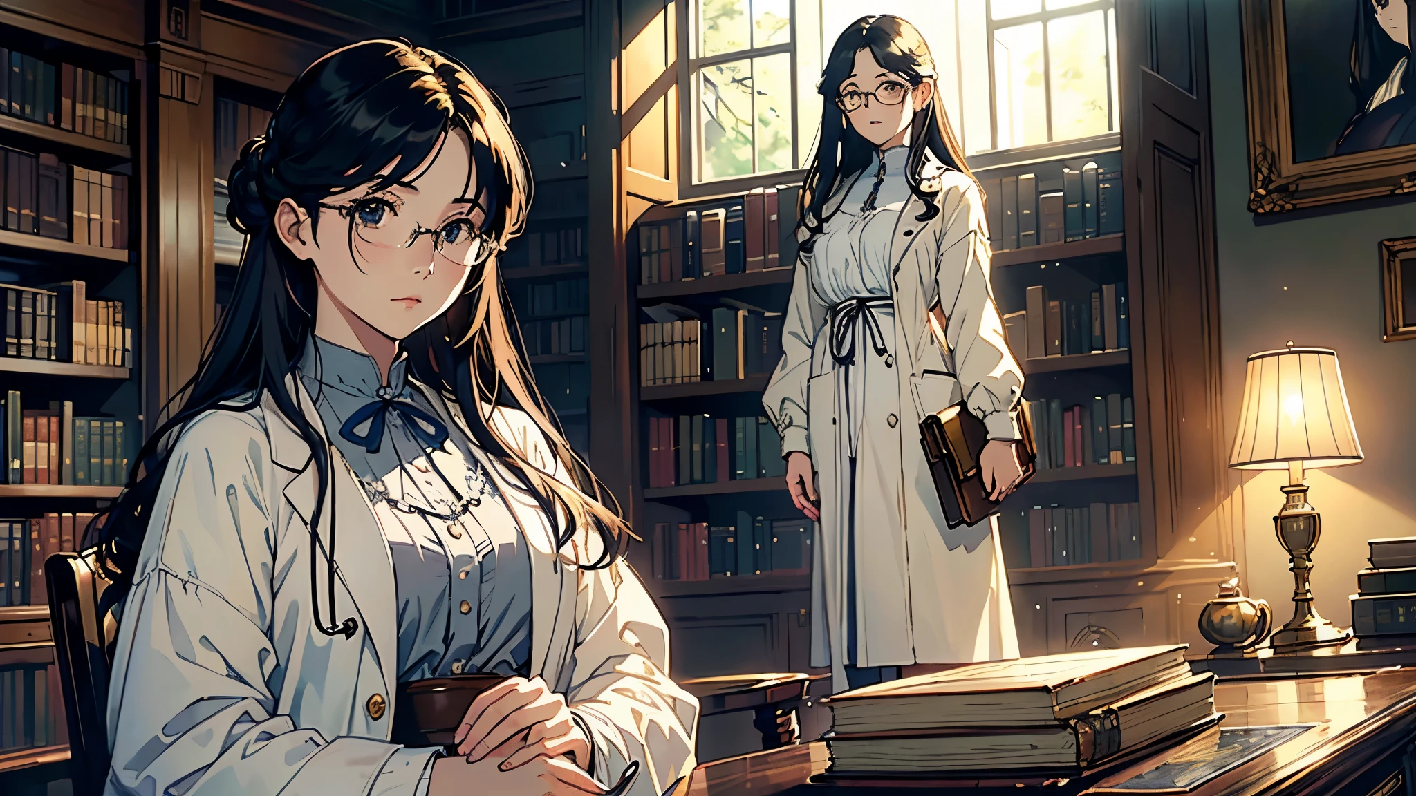 (highest quality, masterpiece, High resolution)、4K Anime Art、Soft Light、(本を手に窓辺に立つ1 personの女性、whole body、20-year-old)、((1 person))、((Woman standing))、(Detailed depiction of a beautiful face)、Black Hair、Put your hair up、(Glasses、therapist、doctor、Put on a white coat )、(Old Library)、 (Sunlight streaming through the window)、Serene atmosphere、Vintage、Classic、(Pre-Raphaelite style)、(Edmund Leighton Style)、(sergeant style)、
