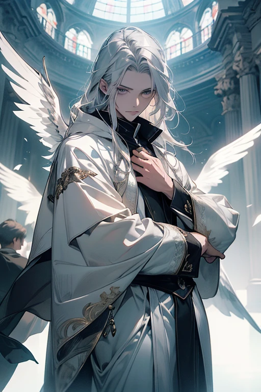4k, masterpiece, high quality, 8k, high quality details, soft dull lighting, floating particles, white background, white pale skin, silver hair, soft grey eyes, expressionless, long straight silver hair, 1male, androgynously, young feminine prince, soft gray robes, robed figure, wings, winged, siren, winged man, looking at viewer, cowboy shot, flat chest, very flat chest, priest