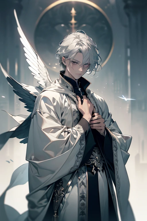4k, masterpiece, high quality, 8k, high quality details, soft dull lighting, floating particles, white background, white pale skin, silver hair, soft grey eyes, expressionless, long straight silver hair, 1male, androgynously, young feminine prince, soft gray robes, robed figure, wings, winged, siren, winged man, looking at viewer, cowboy shot, flat chest, very flat chest, priest