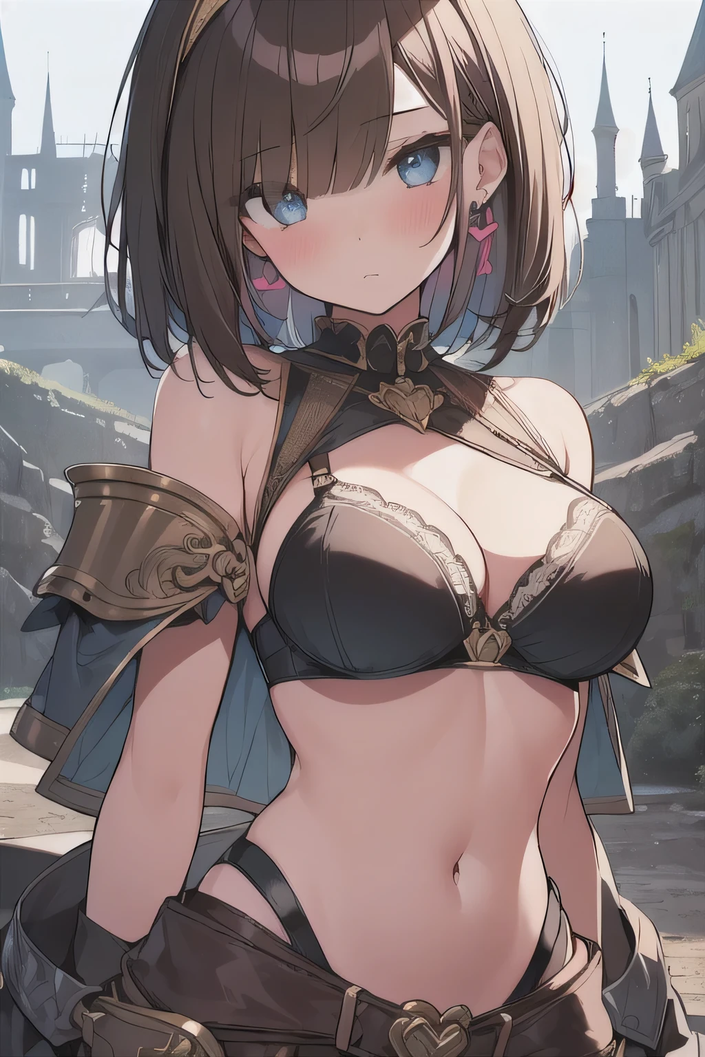 (best quality), (Super detailed), (Best Illustration), (woman), look at viewer, {(bikini armor), (show off bra:1.3)}, (large breasts), {(detailed eyes), (heart-shaped pupils), blue eyes}, {brown hair, (sideburns), (bob cut:1.3), curly hair, hairs between eyes, colored inner hair}, blush, earring, hair band, holding bow, european style castle