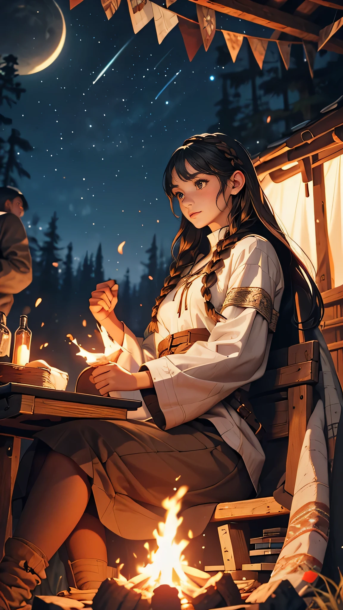 illustrates a young girl with long black braided hair wearing a white medieval style traveler's shirt, camping and making a campfire at night, fantasy theme