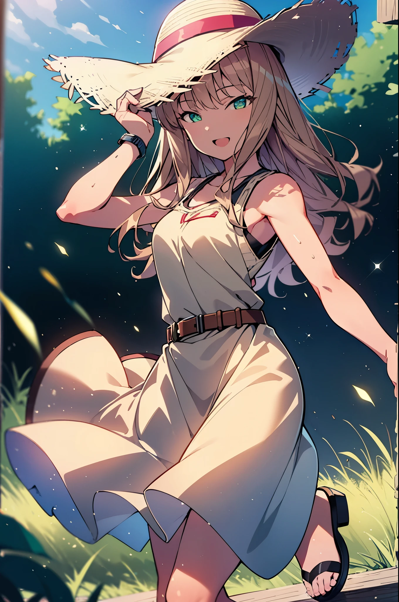 8k,highest quality,masterpiece,The seeds of a southern dream,The seeds of a southern dream　sss Dynazenon,Brown Hair,Long Hair,Green Eyes,Short braided hair,happy smile, smile, Open your mouth,Big straw hat,Sleeveless dress,Bare arms,Long skirt,Cute heeled sandals,Building district,Clear skies,Daytime,(Cowboy Shot:1. 5),(masterpiece:1.2), highest quality, High resolution, unity 8k wallpaper, (shape:0.8), (Beautiful and detailed:1.6), Highly detailed face, Perfect lighting, Highly detailed CG, (Perfect hands, Perfect Anatomy),