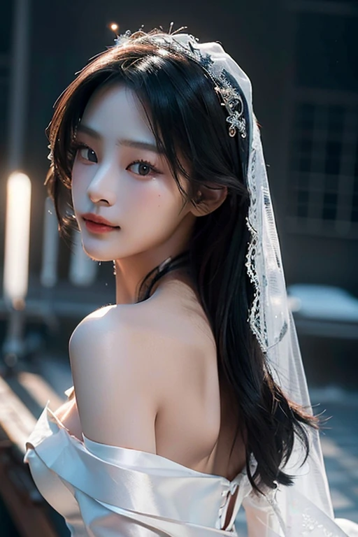 (highest image quality), (masterpiece), (vibrant, photography realistic, Realistic, Dramatic, Dark, Sharp focus, 8K), Close up Face, Highly detailed face and skin texture, sexy wedding dress, ethereal beauty, mature asian woman,black long hair, make up, sexy smile, nsfw ,Close up shot, ((backlight))