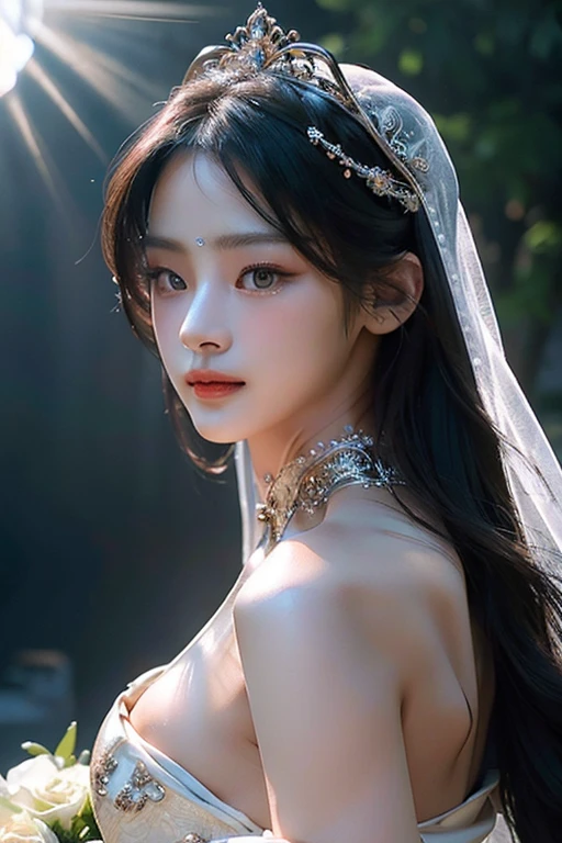 (highest image quality), (masterpiece), (vibrant, photography realistic, Realistic, Dramatic, Dark, Sharp focus, 8K), Close up Face, Highly detailed face and skin texture, sexy wedding dress, ethereal beauty, mature asian woman,black long hair, make up, sexy smile, nsfw ,Close up shot, ((backlight))