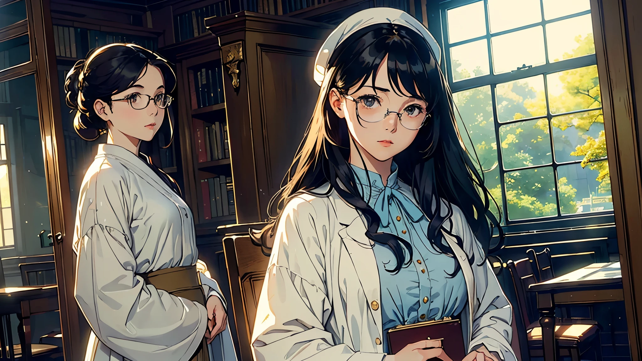 (highest quality, masterpiece, High resolution)、4K Anime Art、Soft Light、(本を手に窓辺に立つ1 personの女性、whole body、20-year-old)、((1 person))、((Woman standing))、(Detailed depiction of a beautiful face)、Black Hair、Put your hair up、(Glasses、therapist、doctor、Put on a white coat )、(Old Library)、 (Sunlight streaming through the window)、Serene atmosphere、Vintage、Classic、(Pre-Raphaelite style)、(Edmund Leighton Style)、(sergeant style)、
