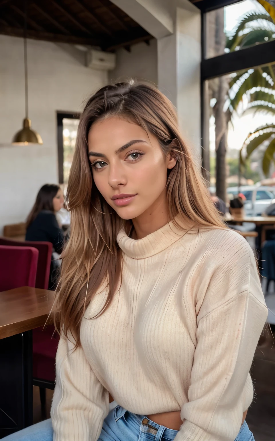 Cute beautiful dark blonde in a yellow sweater "Estilo de dinero antiguo "(Inside a modern cafe at sunset), Muy detallado, 21 years, cara inocente, pelo largo natural ondulado rubio oscuro, blue eyes, high resolution, Obra maestra, mejor calidad,detalles intrincados, Muy detallado,Sharp focus, Piel detallada,realista skin textura,textura, ojos detallados, profesional, 4k, sonrisa encantadora, disparado en Canon, 85mm,poca profundidad de campo,Kodak Color Vision, cuerpo en forma perfecta, extremadamente detallado, foto_\(ultra\), fotorealista, realista, Postprocesamiento, maximum detail, aspereza, vida real, ultra realista, fotorealism, fotography, 8k hd, fotography