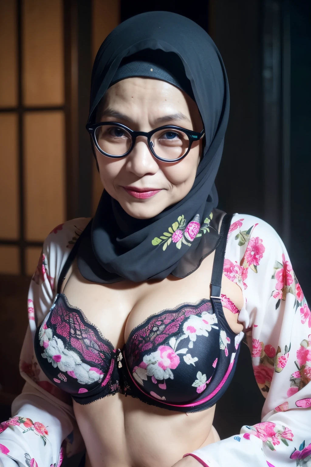 ((Wearing kebaya coats)), Spectacles, ((Old body lady:1.3)), ((Old lady:1.6)), (Happy smile), (((HIJAB MALAY GIRL))), masutepiece, High quality, UHD 32K, Realistic face, Realistic skin feeling , A Japanese Lady, 58 years old matured lady, , Very cute and baby-like face, (((FLAT CHEST))), (Night time at forest), ((look In front  at the camera and SADNESS)), (((CUTE GIRL))), ((WHITE FLUORESCENT LIPS)), ((Floral Pattern)) little ((wearing strapless)), strapless colorfull, dark night background , black forest night, horror scary place, (from behind up) seductive pose, ((Huge bra:1.6)) Heavy Nipples