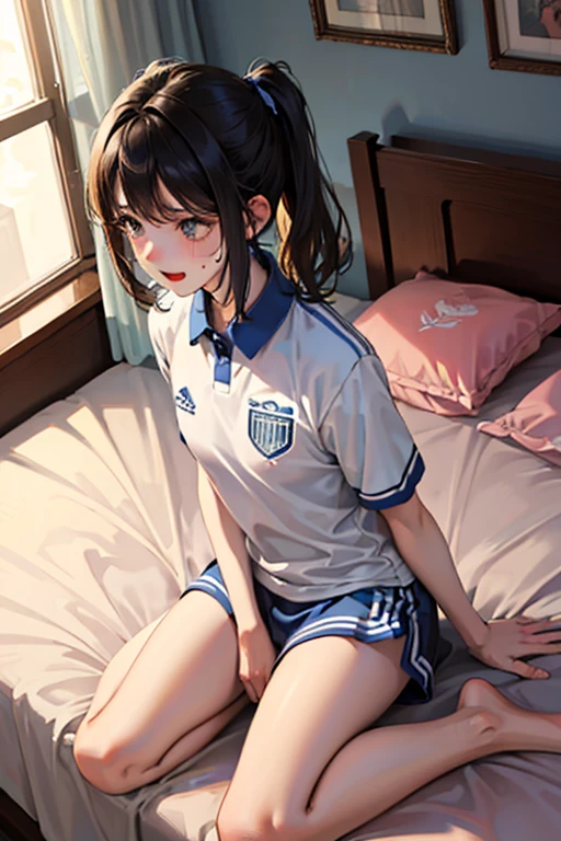 Wearing a soccer uniform with an embroidered logo、e junrls with small breasts、Sweating、Happy expression、is clearly visible, even going beyond the uniform.、Lying in bed、Low - Angle、The uniform has an embroidered logo、supine position、There are two of us in the same bed