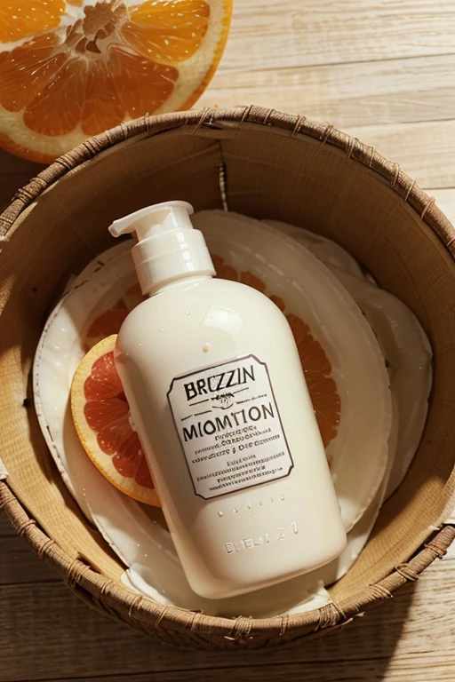 Please design a lotion bottle. The brand name is BreezyGlow Summer Scented Moisturizing Lotion. There is grapefruit next to it. The package is a biodegradable packaging lotion.