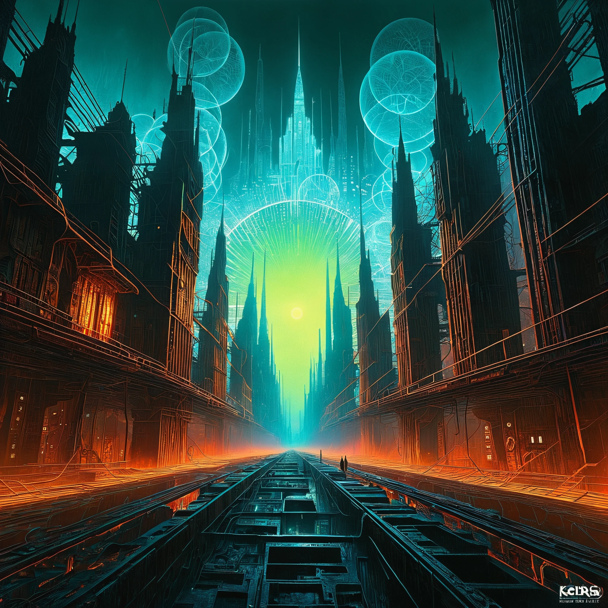 A hyperrealistic, Zdzisław Beksiński-esque dystopian cityscape is consumed by sprawling, biomechanical fractals that pulse with neon-lit musical energy, their intricate patterns weaving a discordant symphony that echoes through the gritty, post-apocalyptic streets in a dark, visually arresting fusion of geometry and sound.