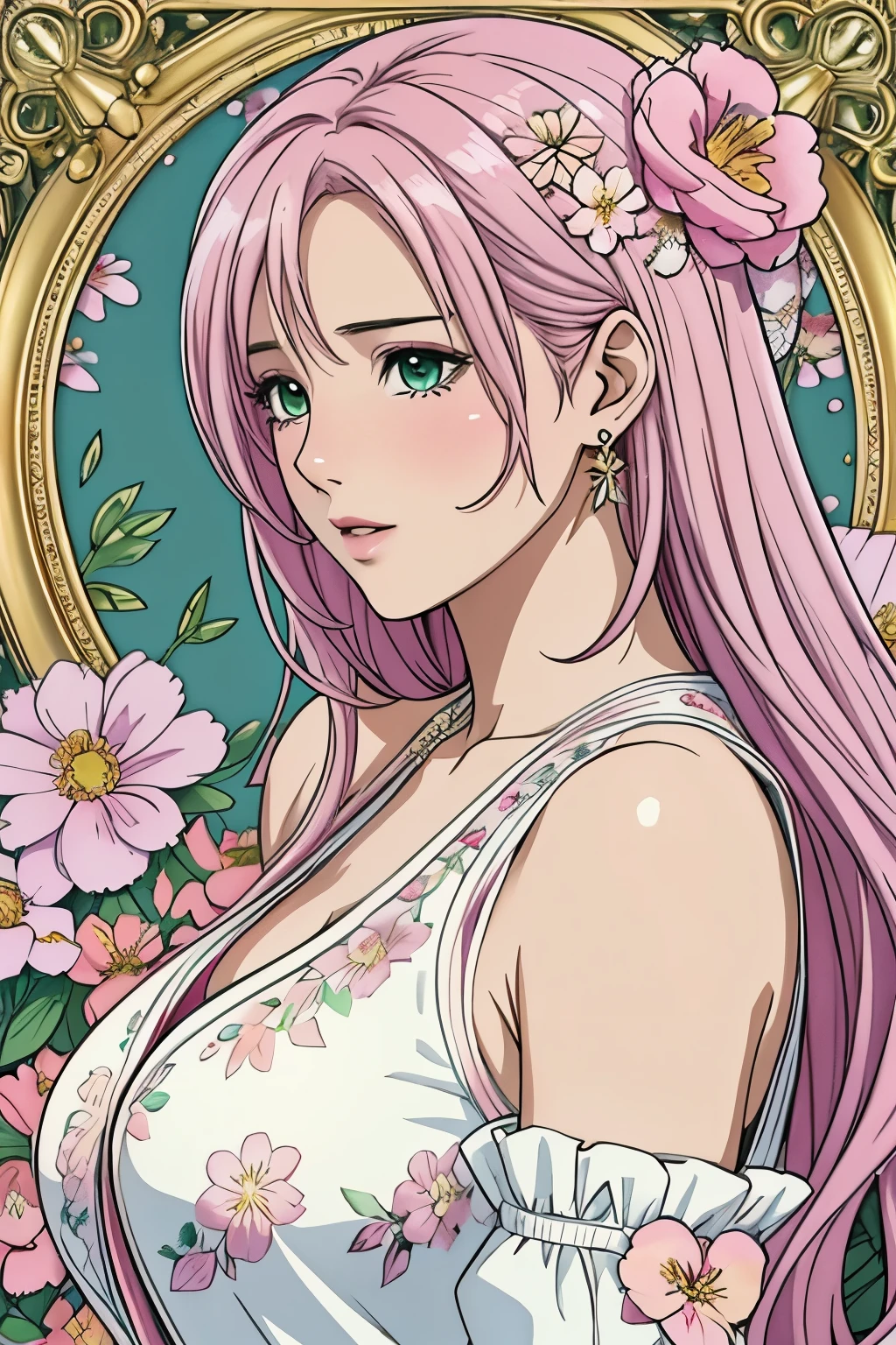 (​masterpiece, top-quality, top-quality, Official art, Beautifully Aesthetic:1.2), green eyes, (highest quality, masterpiece painting:1.3), immature woman, 16 years old, (half body shot), masterpiece, ultra high resolution, (((Flower frame, A lot of flowers in the frame, round frame, A beautiful girl fits into the frame))), Decorative panel, abstract art, (shot from a side angle), (Photoreal:1.0), ((light pink hair)),straight hair, beautiful shining hair, white and shining skin, Painterly, sketch, Texture, 超A high resolution, solo, Beautuful Women, A highly detailed, (Fractal Art:1.1), (colourfull:1.1), (florals:1.6), The most detailed, (Zentangle:1.2), (Dynamic Poses), (Abstract background:1.3), (shinny skin), (Many colors:0.8), (earrings:1.4), (pluma:0.9), Taisho romance