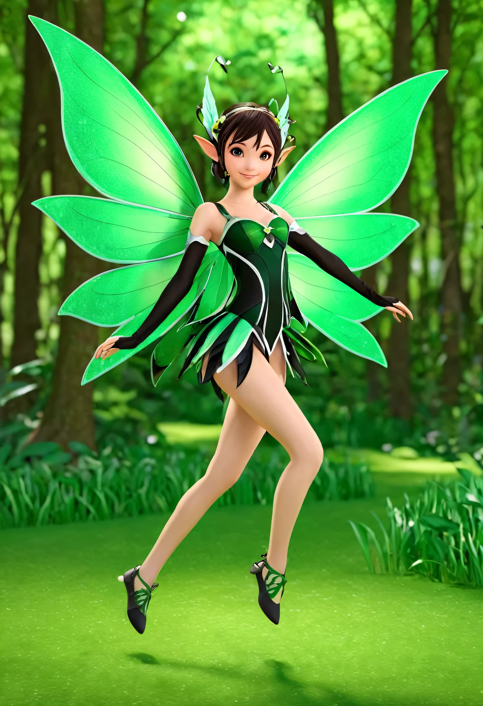 Anime girl in green and black costume on wings and green background, pixie character, fairy, forest fairy, insect trainer girl, brunette elf with fairy wings, pixie, cute 3d anime girl rendering, April rendering, fairy dance, open legs