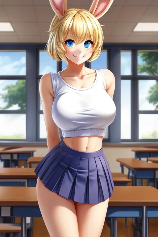 Mouse girl high school student ,solo, female, blonde hair, blue eyes, smiling, big breasts, slim, small waist, small hips, American high school, tight fitting white crop top, pleated skirt, hands behind back, happy, looking at viewer, high quality