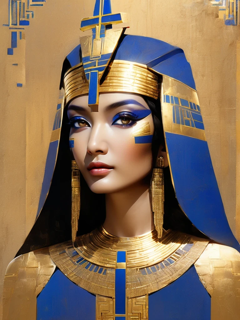 Daughter of the Nile,Priestess,Egyptian Priestess in "The Mystical Element",cross,magnificent,atmosphere,gold,Gold Leaf,Inlaid with gold,Metal,Digital Media Art,Klein Blue,