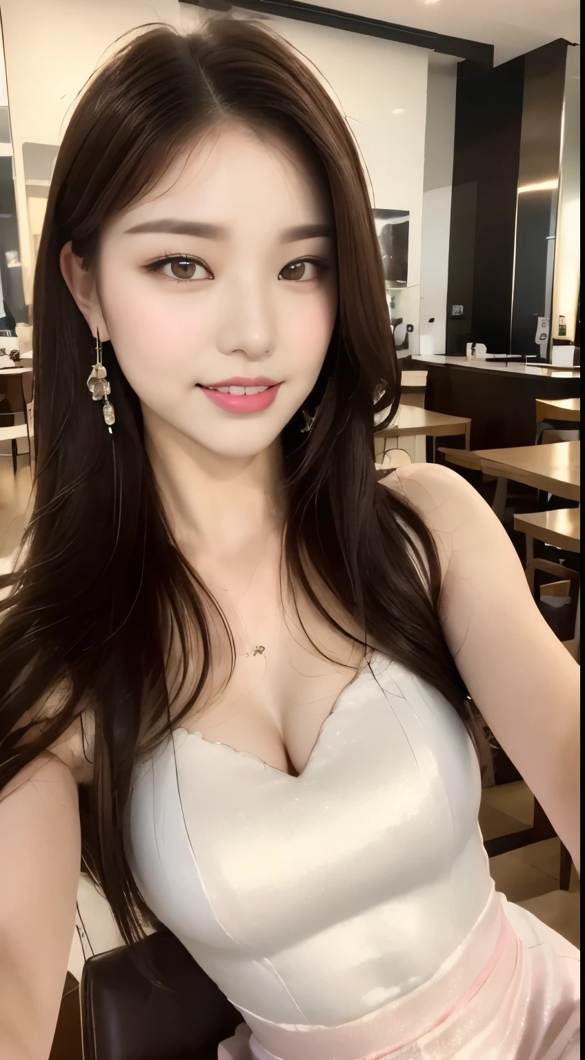 ((highest quality, 8k, masterpiece :1.3)), One girl, Selfie, Open your mouth, Very attractive smile:1.2, Red lipstick:1.2,Slim face, Beautiful woman, (Dark brown hair), Big Breasts:1.3, Highly detailed face, double eyelid,  Blur the background, Slim face, city, outside, sunny, null, nature,Cafe,looking at the camera,Pink blouse,Purple tight skirt,(masterpiece: 1.3), (Maximum resolution: 1.4), (Ultra high definition: 1.2), Cinematic Light, Ultra high definition, (Detailed eyesと肌), (Detailed facial features), 8k resolution, Perfect Style, Beautiful expression、Highly detailed face and skin texture、Detailed eyes、Glitter Eyeliner:1.2、Thin cheeks、((Pure white skin:1.4)),Glossy Lips:1.2、((Full Body Shot:1.2)),(Straight Hairstyles、Dark brown hair)、One-length long hair、175cm,From above