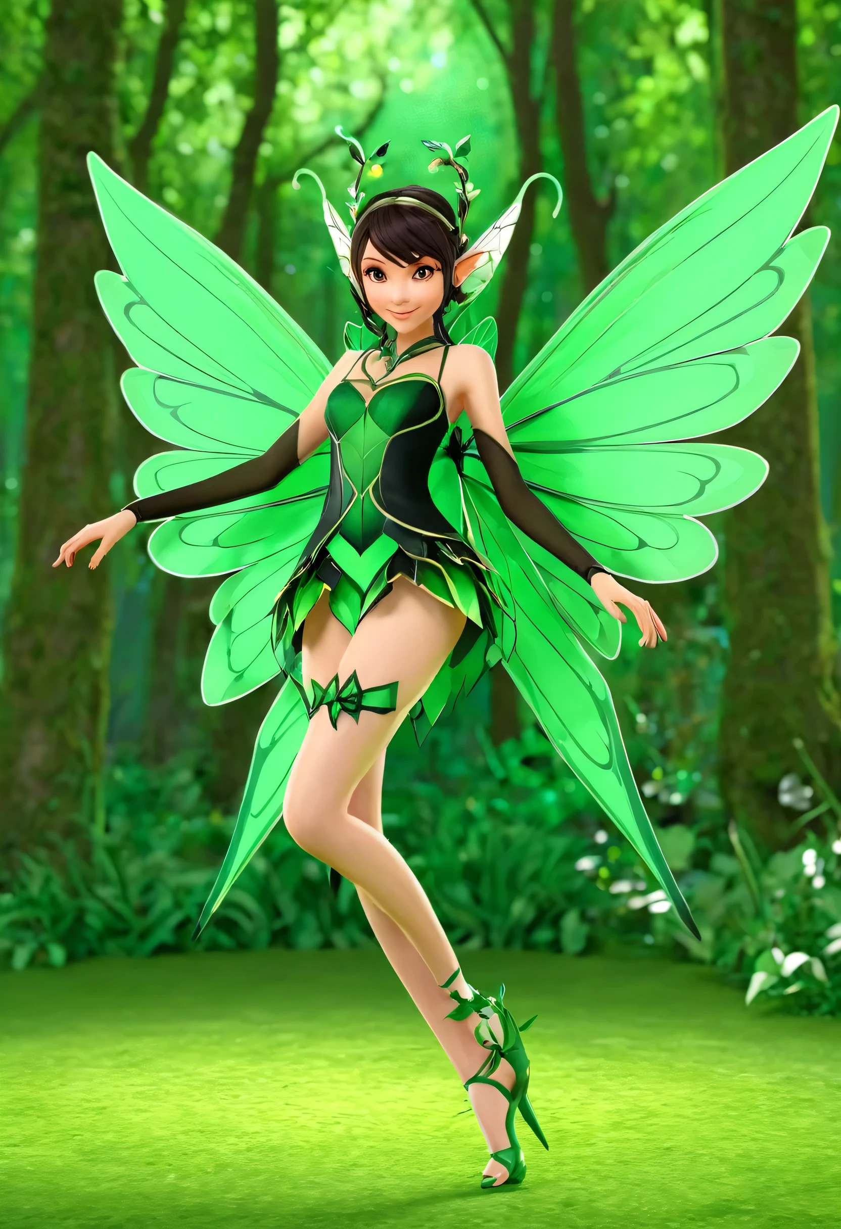 Anime girl in a green and black suit on wings and a green background, pixie character, fairy, forest fairy, Insect trainer girl, brunette elf with fairy wings, pixie, Cute 3D anime girl rendering, April rendering, fairy dance, open legs