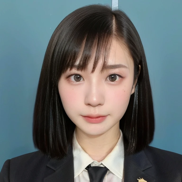 (kawaii 24 year-old Japanese girl, Nogizaka idol, Korean idol), (glossy black hair, short bob, even and symmetric hair design:1.3), (deep black eyes, rounded face, single eyelid, no makeup, serious expression:1.2), (wearing suit jacket, collared shirt, necktie:1.3), (extra small breasts:0.9), (facing straight at camera:1.2), BREAK, (simple blue background, yearbook background:1.3), (portrait, id photo, bust shot, view from straight forward:1.3), (keep enough top margin to avoid the head cropped:1.3), BREAK, (masterpiece, best quality, photo realistic, official art:1.4), (UHD, 8K quality wallpaper, high resolution, raw photo, golden ratio:1.3), (shiny skin), professional lighting, physically based rendering, award winning, (highly detailed skin, extremely detailed face and eyes), Carl Zeiss 85 mm F/1.4, depth of field, 1girl, solo,