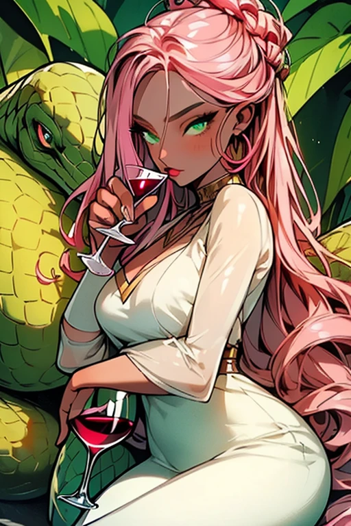 ((best quality)), ((masterpiece)), (detailed), perfect face, girl holding a glass of wine, a snake on her arm coiling her, brown skin, long light pink hair, straight, without curves, green eyes, wearing a long white dress, 