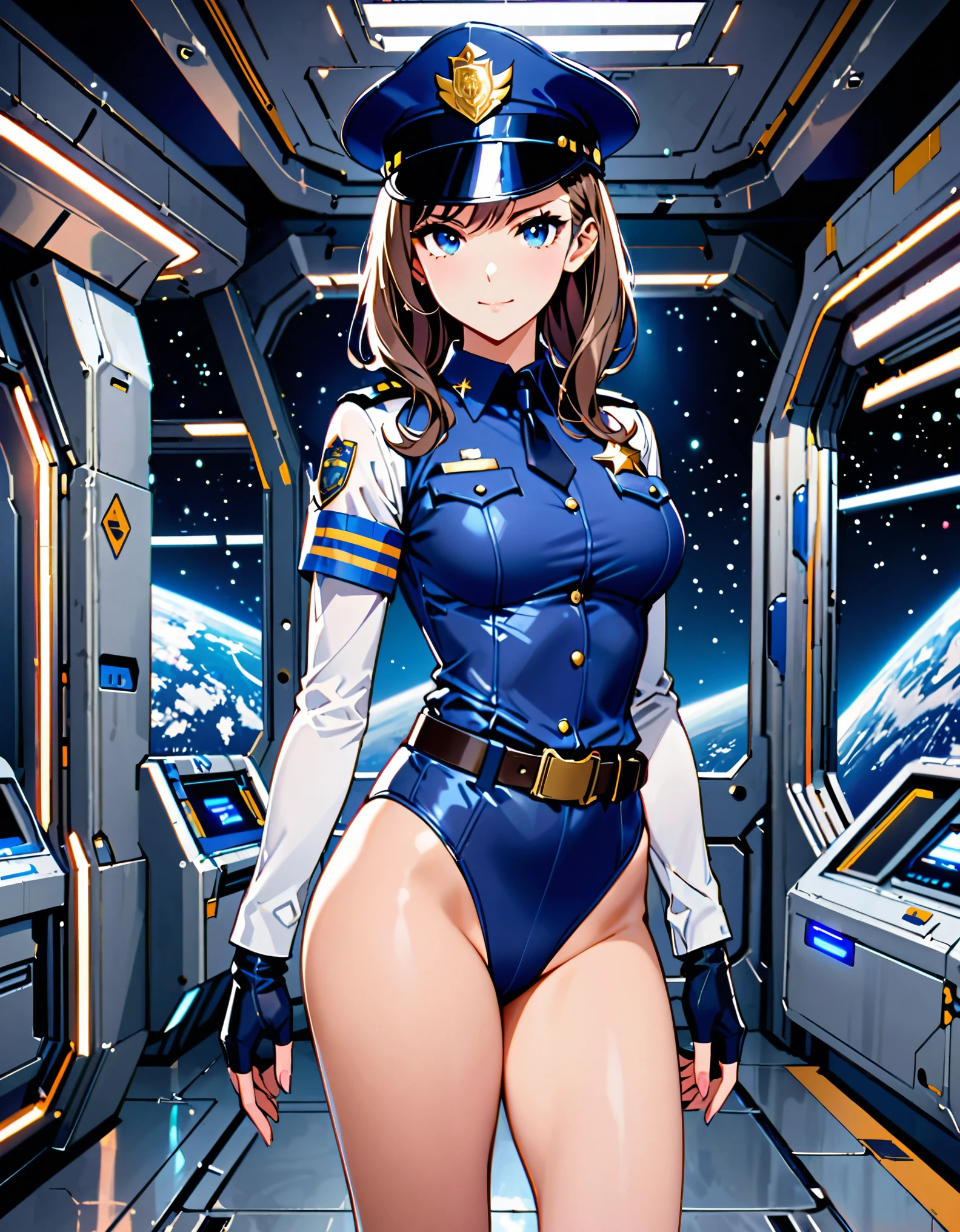 (masterpiece), (best quality), (high res),1girl, tall body, beautiful detailed eyes, beautiful detailed face, cute face, perfect hands, complete fingers, perfect anatomy, perfect proportions, ((hat, dark blue police hat)), ((leotard, matching leotard, bare legs)), ((boots, matching boots)), breasts, medium breasts, fingerless gloves, (full body portrait), looking at viewer, solo, solo focus, standing, police uniform, cowboy shot, space station backdrop, indoors, (belt, tight belt), (armbands, white sleeves), full body costume design.