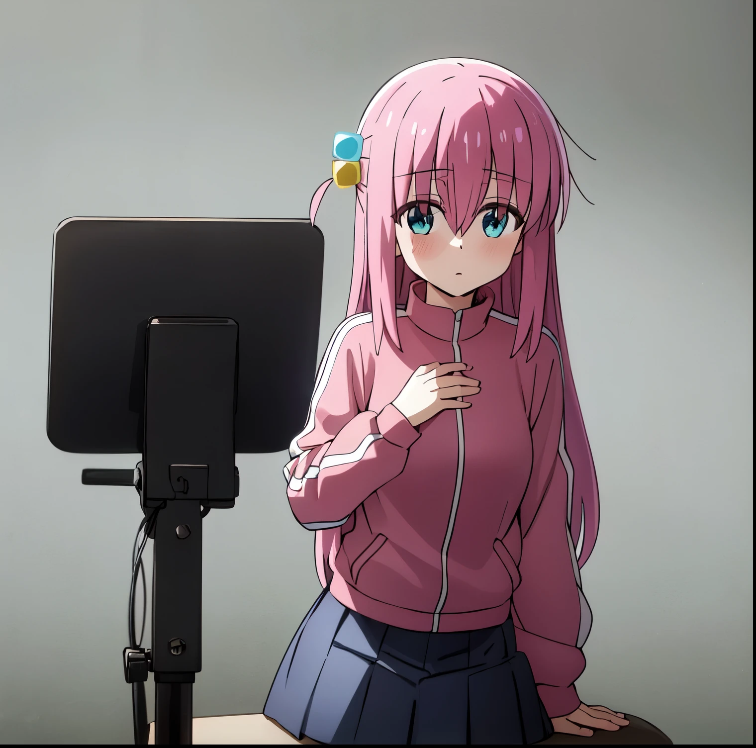 gotoh hitori, 1girl, alone, long hair, looking at viewer, blush, blue eyes, large breasts, simple background, long sleeves, hair between eyes, sitting, closed mouth, pink hair, pantyhose, pleated skirt, black skirt, one side up, hand on own chest, white background, grey skirt, invisible chair, cube hair ornament, pink track jacket , perfect hands, perfect anatomy 