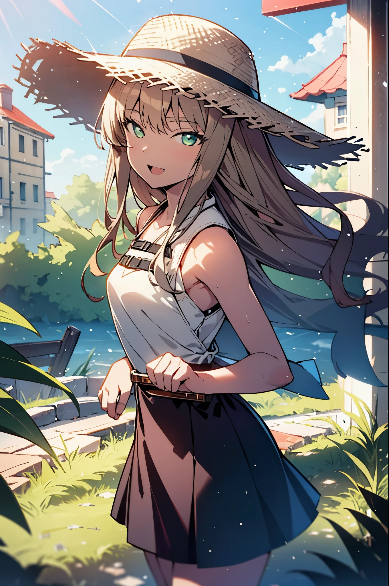 8k,highest quality,masterpiece,The seeds of a southern dream,The seeds of a southern dream sss Dynazenon,Brown Hair,Long Hair,Green Eyes,Short braided hair,happy smile, smile, Open your mouth,Big straw hat,Sleeveless dress,Bare arms,Long skirt,Cute heeled sandals,Building district,Clear skies,Daytime,(Cowboy Shot:1. 5),(masterpiece:1.2), highest quality, High resolution, unity 8k wallpaper, (shape:0.8), (Beautiful and detailed:1.6), Highly detailed face, Perfect lighting, Highly detailed CG, (Perfect hands, Perfect Anatomy),