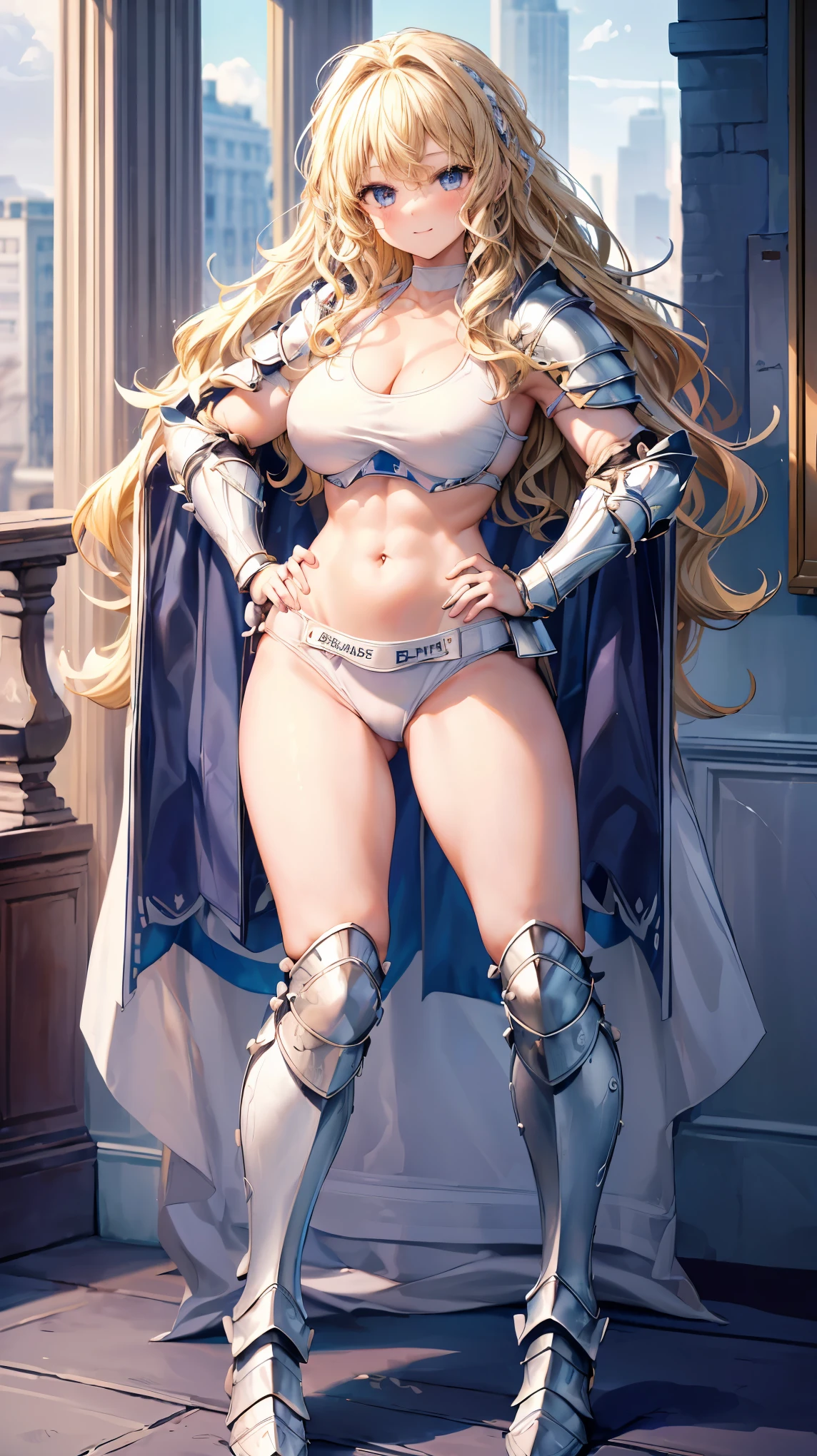 Very detailed、highest quality、Best image quality、masterpiece、8k、Anime Face、A kind smile、Open your mouth、Sparkling blue eyes、(Blonde wavy hair:1.5)、、Muscles of the whole body、Hands on hips、camisole、Thigh belt、mini skirt、(Wearing white bikini armor:1.5)、Cowboy Shot、(Leg armor:1.5)