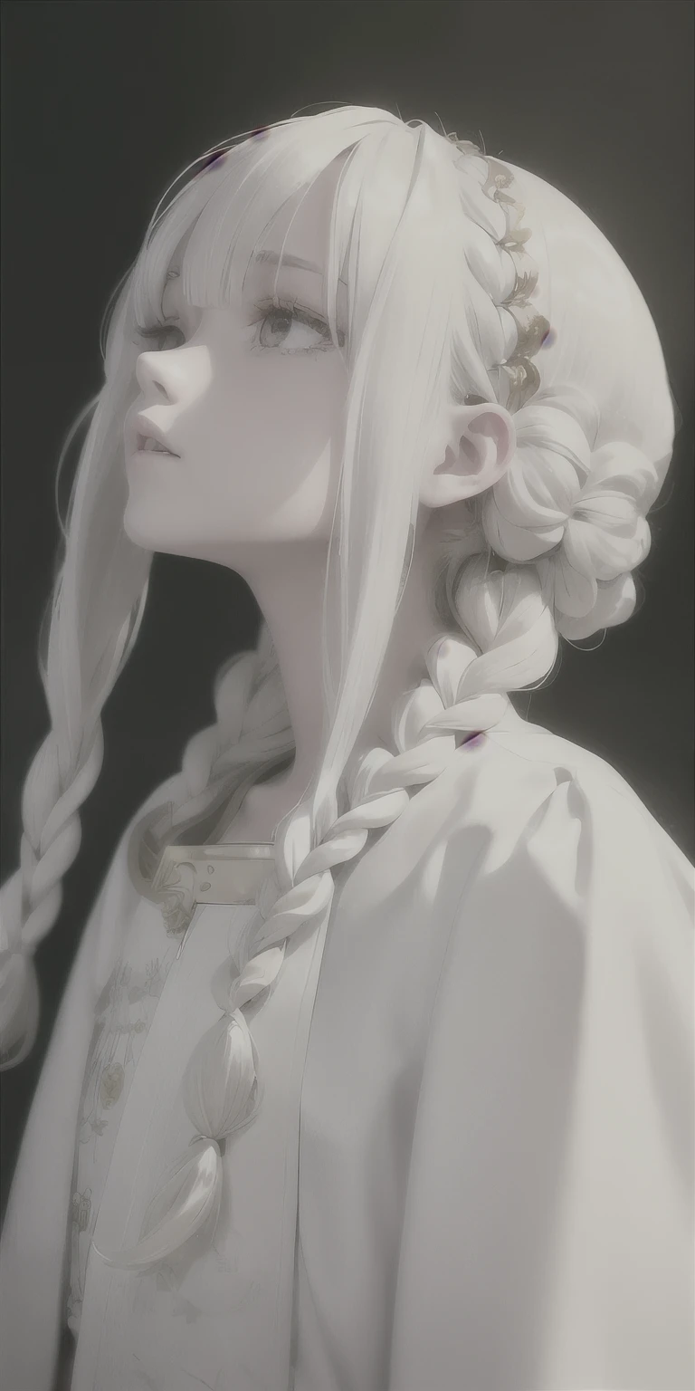best quality, masterpiece,white hair, gold eyes,white clothes, looking up, upper body,hair strand,Fair skin,side braids