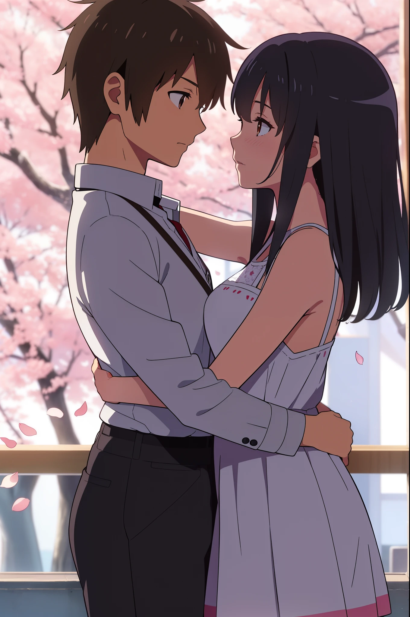 shinkai makoto, kimi no na wa., 1girl, 1boy, bangs, black hair, short hair, blush, brown eyes, (boy wear casual clothes), ((girl wear white dress, short dress, bare shoulders, skirt), red headband, red bow, red ribbon), cute, love, couple, adorable, dating, (((face to face))), passionate hug, cherry_blossoms, falling_petals, petals, branch, pink_flower, night, dynamic light, night sky, spring_season, tree, upper body portrait