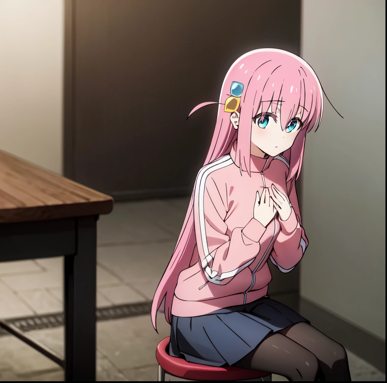 gotoh hitori, 1girl, alone, long hair, looking at viewer, blush, blue eyes, large breasts, simple background, long sleeves, hair between eyes, sitting, closed mouth, pink hair, pantyhose, pleated skirt, black skirt, one side up, hand on own chest, white background, grey skirt, invisible chair, cube hair ornament, pink track jacket , perfect hands, perfect anatomy 