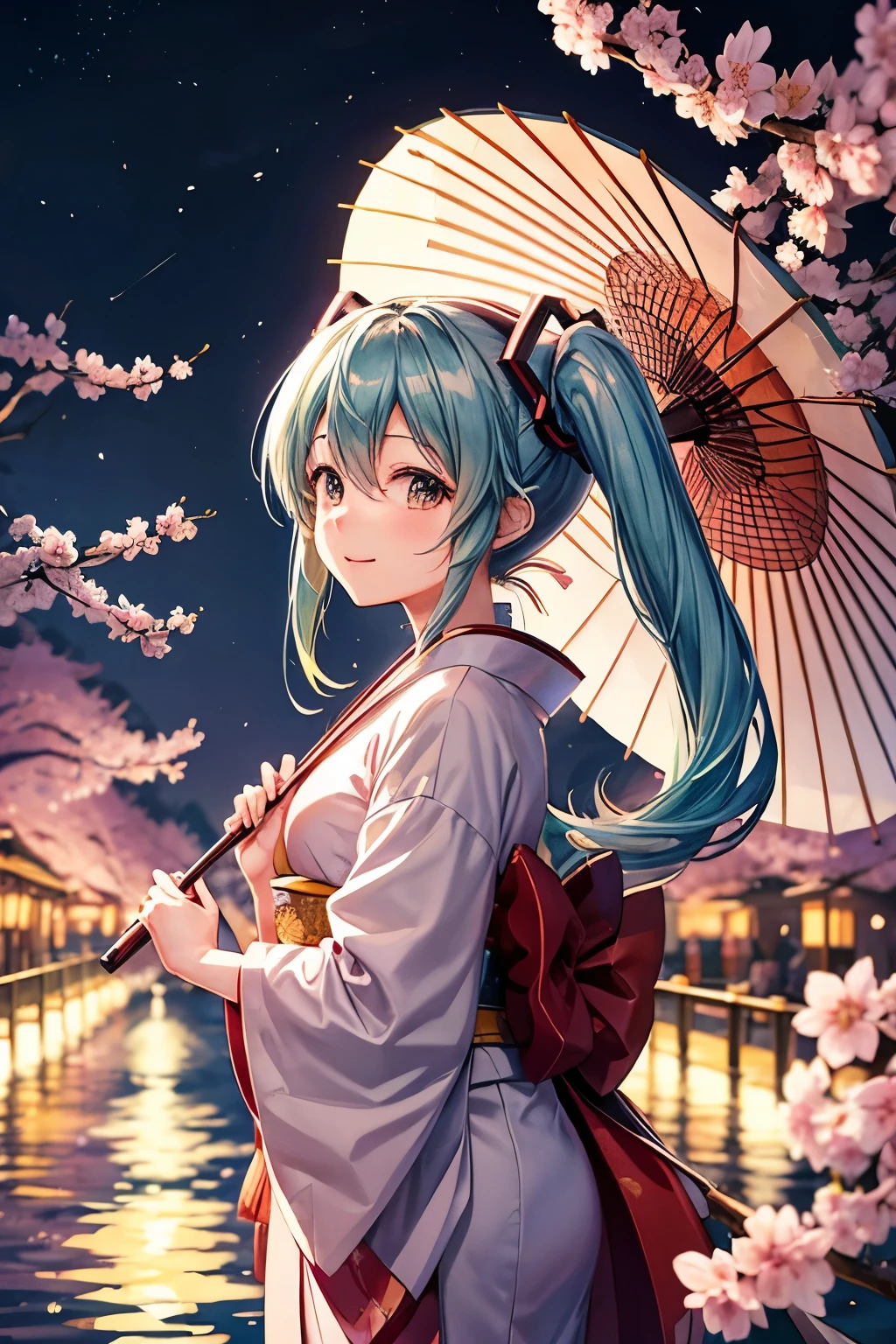 Hatsune Miku、Background Kyoto、kimono、At night、Make me smile、背景にcherry blossoms、Japanese Umbrella 1、cherry blossoms