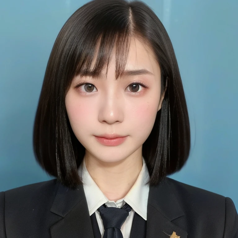 (kawaii 24 year-old Japanese girl, Nogizaka idol, Korean idol), (glossy black hair, short bob, even and symmetric hair design:1.3), (deep black eyes, rounded face, single eyelid, no makeup, serious expression:1.2), (wearing suit jacket, collared shirt, necktie:1.3), (extra small breasts:0.9), (facing straight at camera:1.2), BREAK, (simple blue background, yearbook background:1.3), (portrait, id photo, bust shot, view from straight forward:1.3), (keep enough top margin to avoid the head cropped:1.3), BREAK, (masterpiece, best quality, photo realistic, official art:1.4), (UHD, 8K quality wallpaper, high resolution, raw photo, golden ratio:1.3), (shiny skin), professional lighting, physically based rendering, award winning, (highly detailed skin, extremely detailed face and eyes), Carl Zeiss 85 mm F/1.4, depth of field, 1girl, solo,
