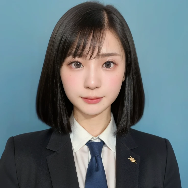 (kawaii 24 year-old Japanese girl, Nogizaka idol, Korean idol), (glossy black hair, short bob, even and symmetric hair design:1.3), (deep black eyes, rounded face, single eyelid, no makeup, serious expression:1.2), (wearing suit jacket, collared shirt, necktie:1.3), (extra small breasts:0.9), (facing straight at camera:1.2), BREAK, (simple blue background, yearbook background:1.3), (portrait, id photo, bust shot, view from straight forward:1.3), (keep enough top margin to avoid the head cropped:1.3), BREAK, (masterpiece, best quality, photo realistic, official art:1.4), (UHD, 8K quality wallpaper, high resolution, raw photo, golden ratio:1.3), (shiny skin), professional lighting, physically based rendering, award winning, (highly detailed skin, extremely detailed face and eyes), Carl Zeiss 85 mm F/1.4, depth of field, 1girl, solo,
