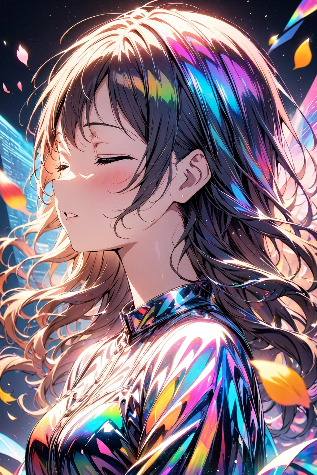 masterpiece, best quality, holographic, 1girl, solo, long hair, closed eyes, parted lips, holographic fabric, flowers, petals, love live!, idolmaster, simple background, upper body, illustration, colorful, spectrum