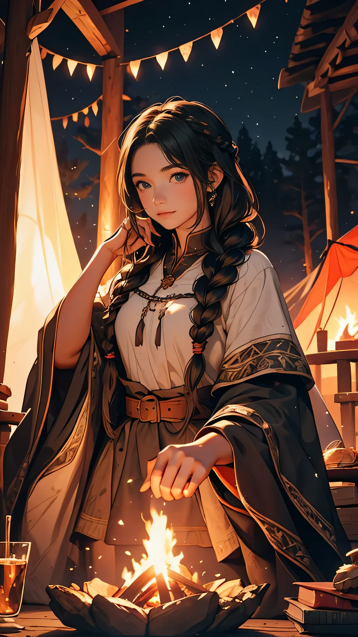 illustrates a young girl with long black braided hair wearing a white medieval style traveler's shirt, camping and making a campfire at night, fantasy theme