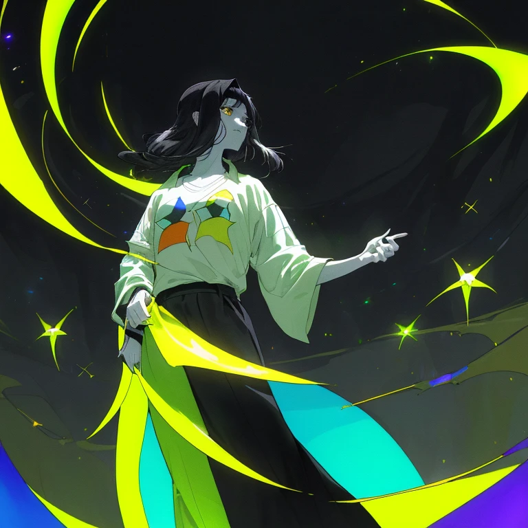 obra de arte, Maximum quality, higher resolution, 1  de 8 anos, fechar-se, (camisa branca grande:1.3), (Pale black hair with a lot of fluorescent colors), (delicados olhos negros fluorescentes:1.4), (um canto de um quarto escuro), (nu completo:1.0), (alto contraste:1.1), Melhor luz e sombra,