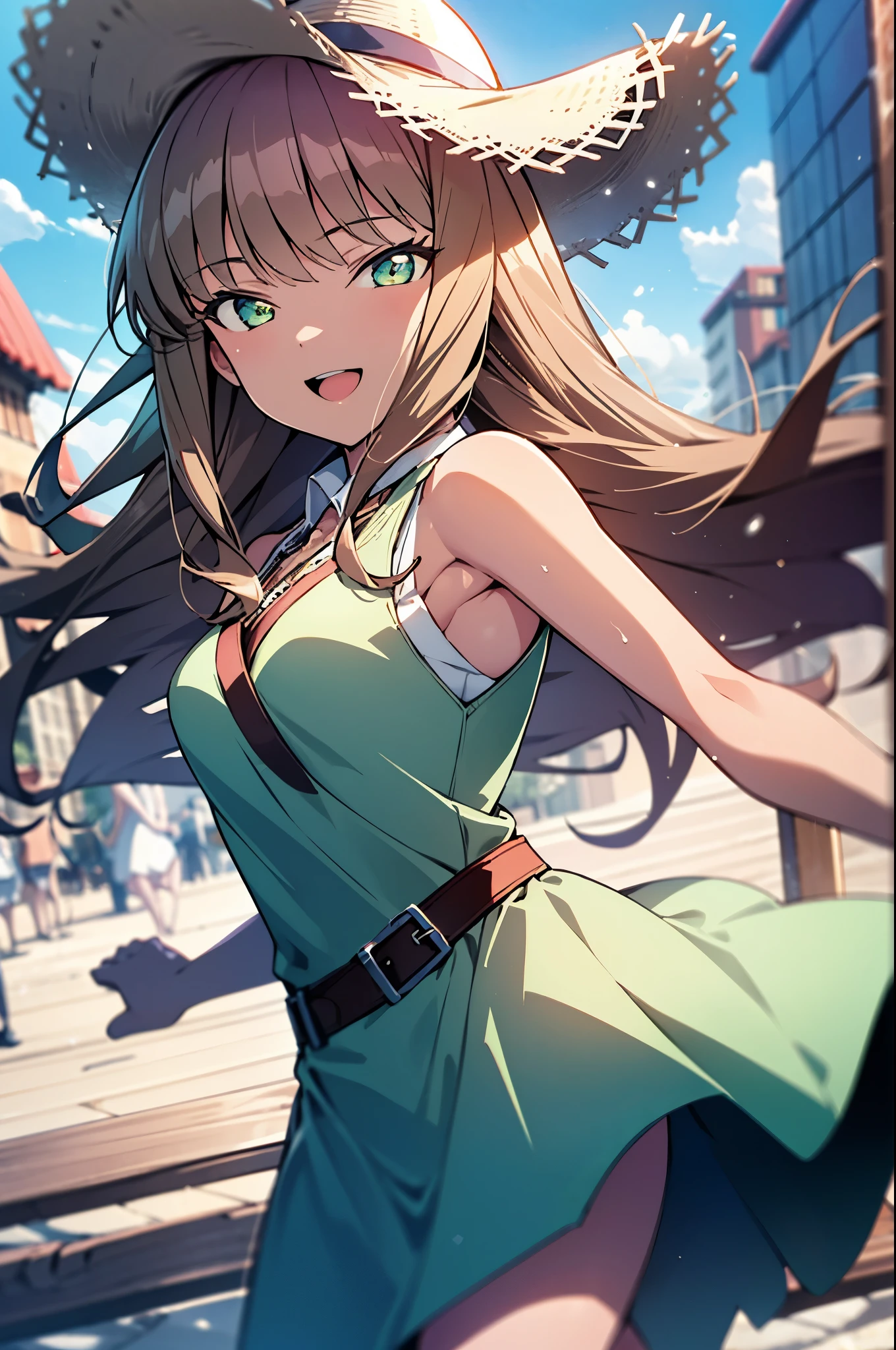 8k,highest quality,masterpiece,The seeds of a southern dream,The seeds of a southern dream sss Dynazenon,Brown Hair,Long Hair,Green Eyes,Short braided hair,happy smile, smile, Open your mouth,Big straw hat,Sleeveless dress,Bare arms,Long skirt,Cute heeled sandals,Building district,Clear skies,Daytime,(Cowboy Shot:1. 5),(masterpiece:1.2), highest quality, High resolution, unity 8k wallpaper, (shape:0.8), (Beautiful and detailed:1.6), Highly detailed face, Perfect lighting, Highly detailed CG, (Perfect hands, Perfect Anatomy),