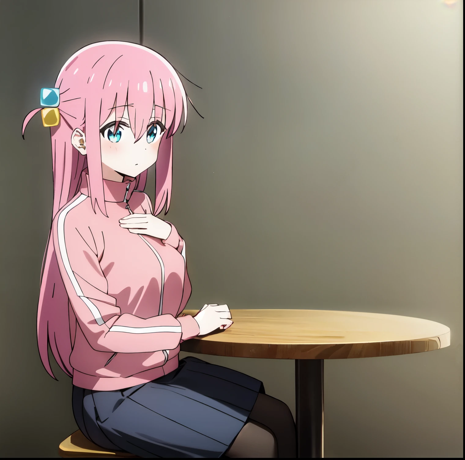 gotoh hitori, 1girl, alone, long hair, looking at viewer, blush, blue eyes, large breasts, simple background, long sleeves, hair between eyes, sitting, closed mouth, pink hair, pantyhose, pleated skirt, black skirt, one side up, hand on own chest, white background, grey skirt, invisible chair, cube hair ornament, pink track jacket , perfect hands, perfect anatomy 