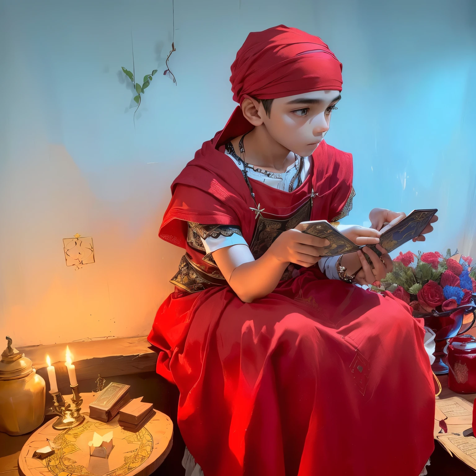 there is a young boy sitting at a table holding tarot cards, vestindo manto vermelho cultista, Spell, Magical Ritual,, totalmente vestido com vestes vermelhas, feiticeiro