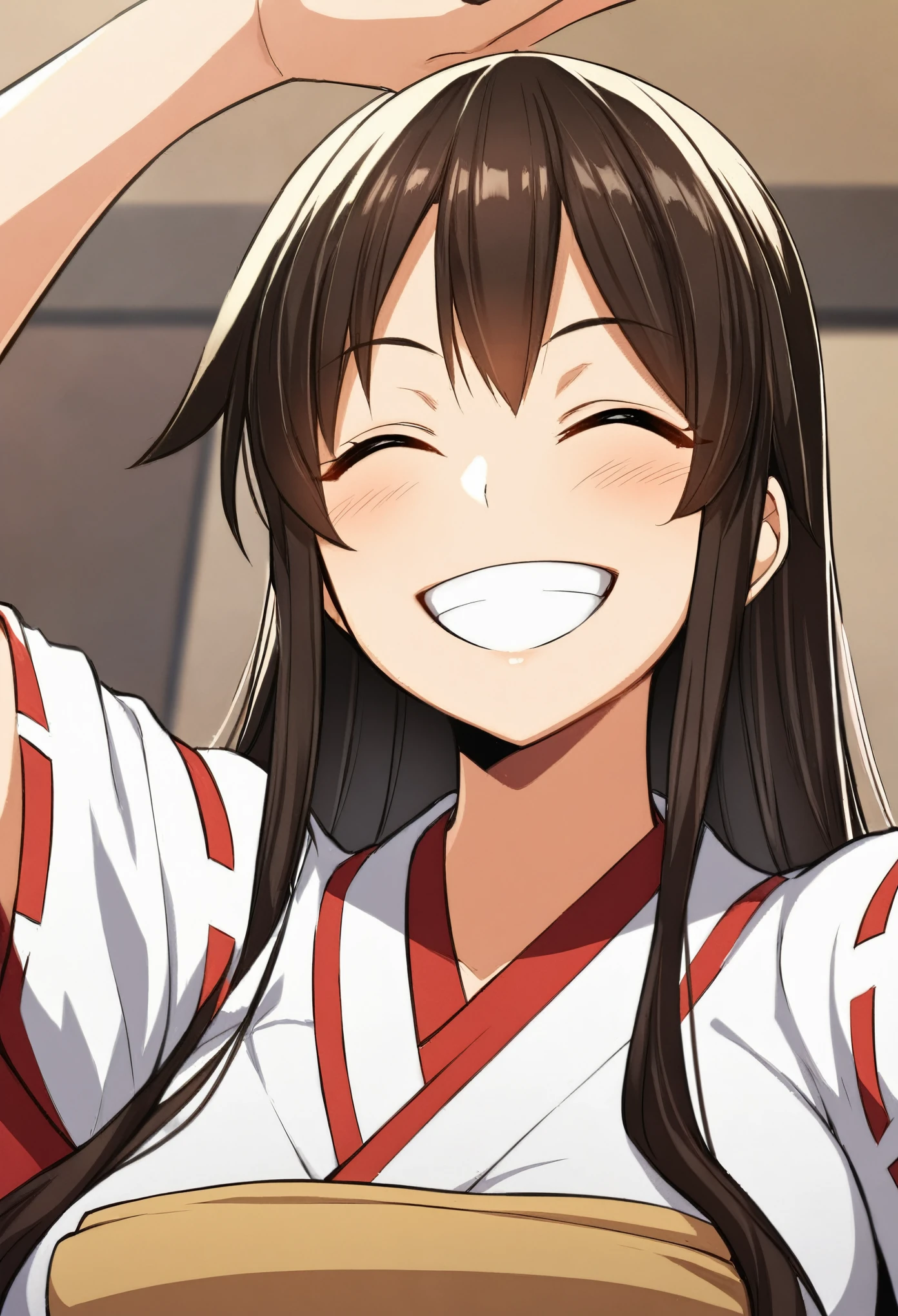 face focus, upper body, happy, smile, teeth, akagi \(kancolle\), long_hair, black_hair, closed eyes, miko clothes, 1girl, solo, (masterpiece:1.6, best quality),
