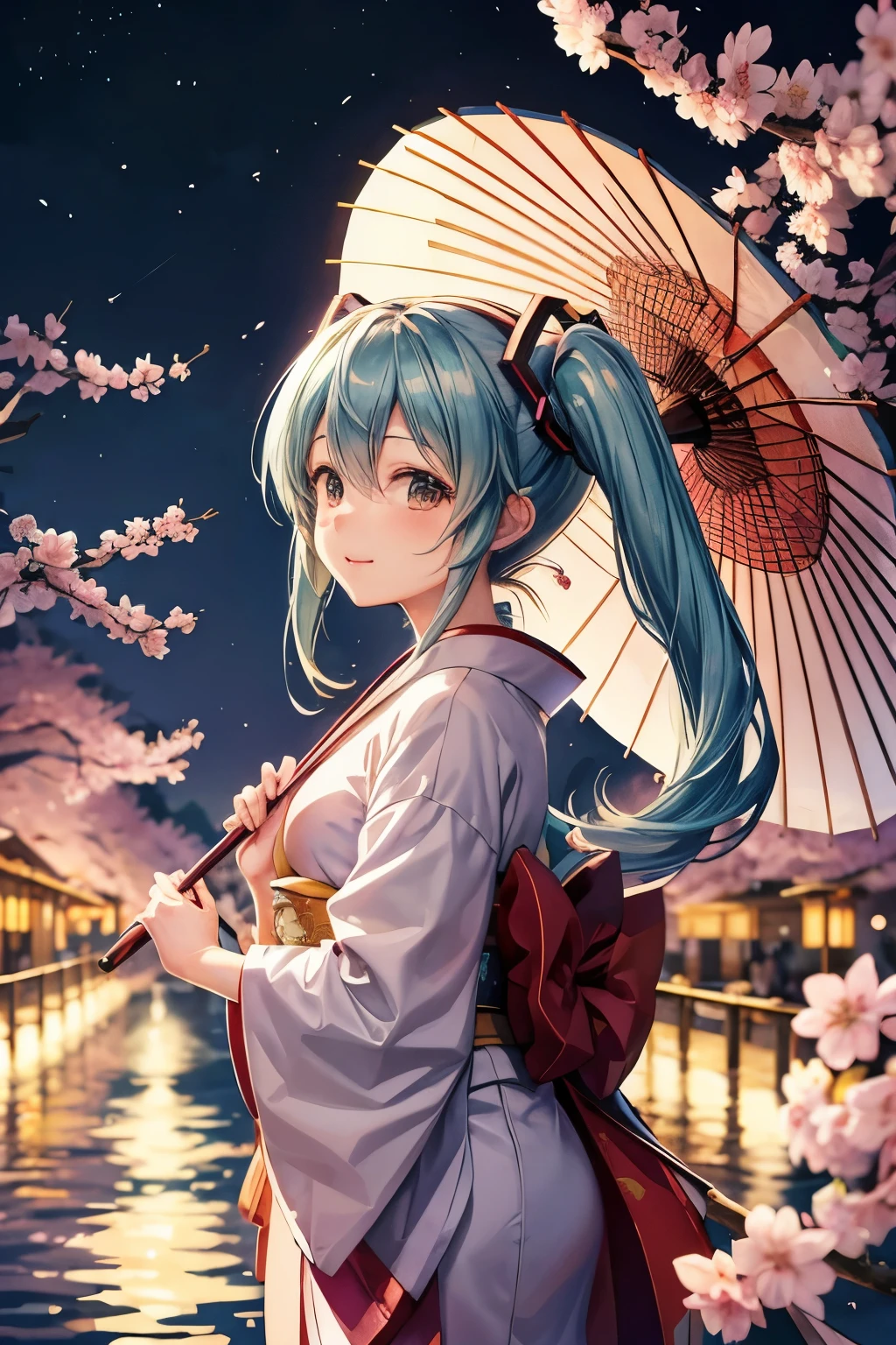 Hatsune Miku、Background Kyoto、kimono、At night、Make me smile、背景にcherry blossoms、Japanese Umbrella 1、cherry blossoms、Remove the hair accessories
