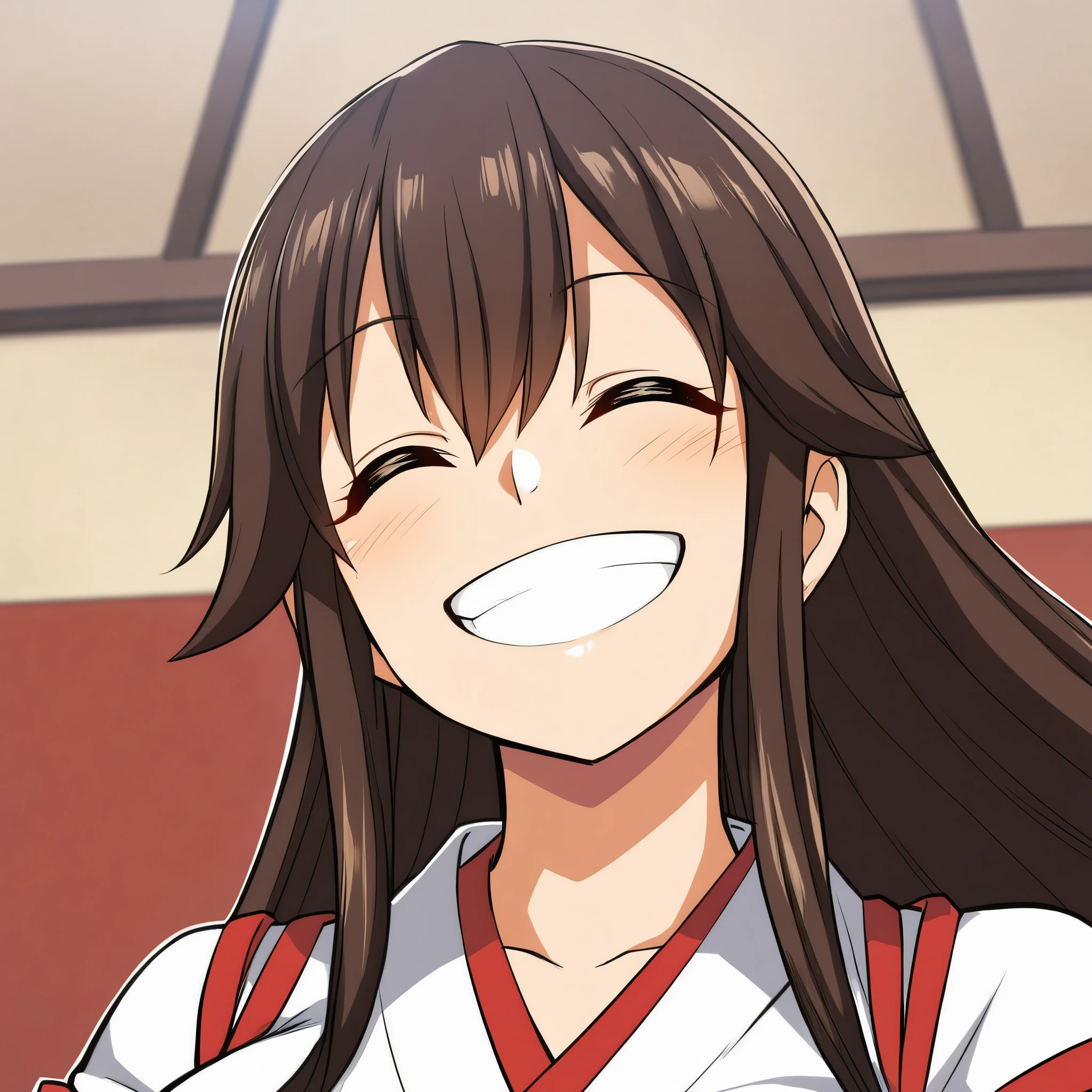 face focus, portrait, happy, smile, teeth, akagi \(kancolle\), long_hair, black_hair, closed eyes, miko clothes, 1girl, solo, (masterpiece:1.6, best quality),
