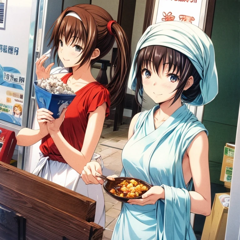 A woman with a towel wrapped around her head eating mapo tofu at a food stall Tight clothing highest quality