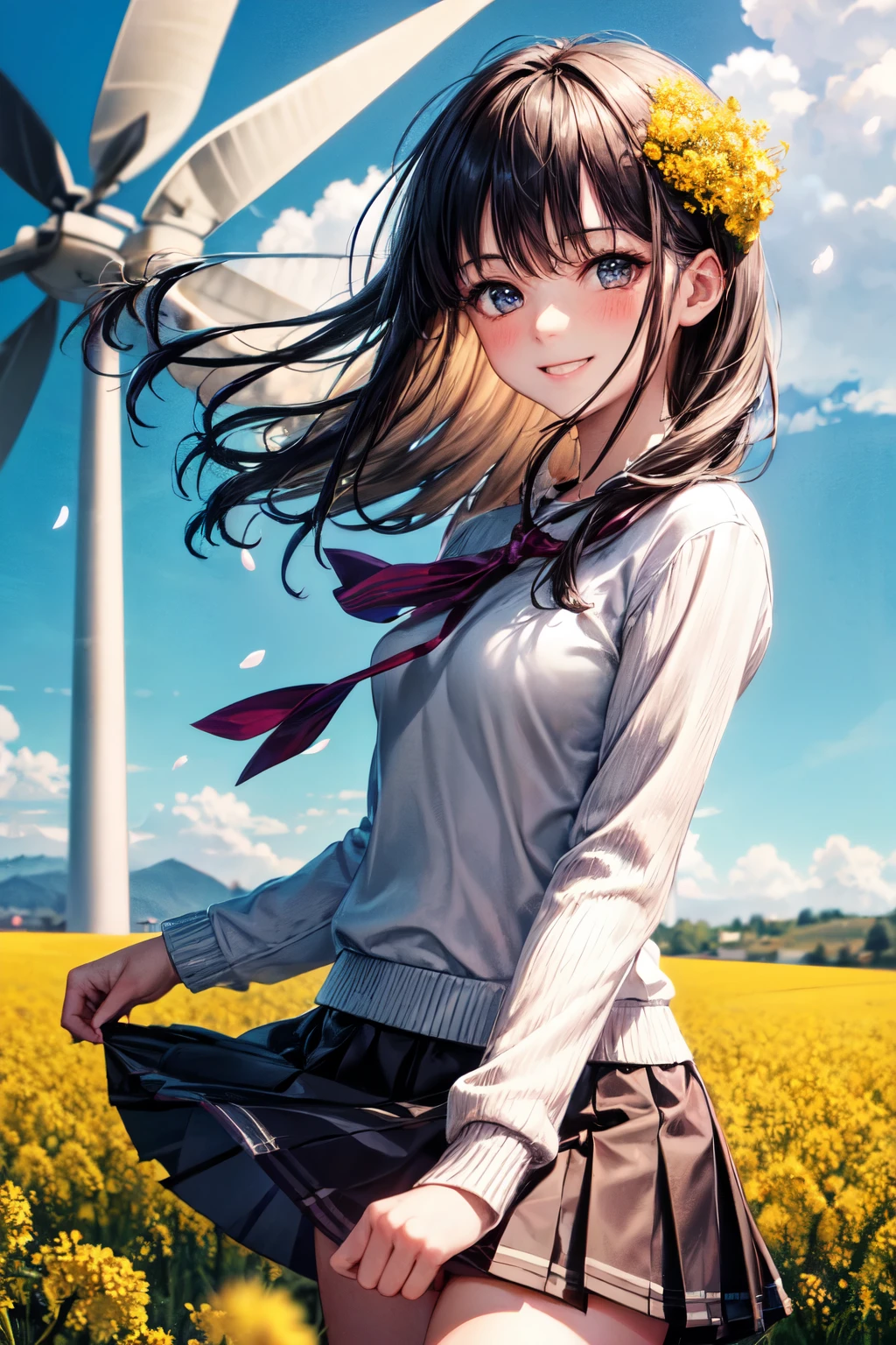 very cute and beautiful girl,gray knit,(highly detailed beautiful face and eyes),
standing,canola flowers,(cherry blossoms:1.05),two wind turbines on hilltop,distant ocean,
spring,beautiful sky,
(smile),black hair,pleated black mini skirt,stylish pose,cowboy shot,
(best quality,masterpiece:1.0),absurdres,highres,ultra-detailed,extremely detailed,32k,8k resolution,
intricate details,cinematic scene,detailed background,solo,dynamic angle,solo,